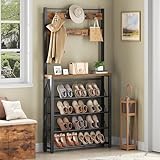 HOOBRO Coat Rack with Shoe Storage, Narrow Shoe Rack with Coat Rack and 9 Hooks, 5 Tier Slanted Storage Shelves, Coat Stand for Hallway, Entryway, Metal Frame, Sturdy, Rustic Brown EBF20MT01