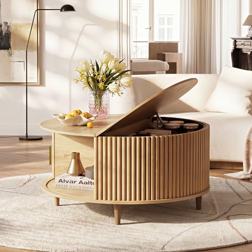 Image of WLIVE 31.5 inch Round Coffee Table with Storage, Natural Oak | with Sliding Cabinet Door, Mid Century Modern Fluted Center Table for Living Room, Small Space. 31.5 inch Dia. x 17.5 inchH