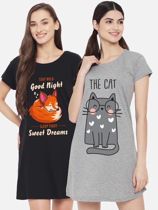 Image of Fflirtygo Women's Cotton Nighty | Printed Knee Length Nighty | Short Sleeve Nighty | Short Nightdress | Long T-Shirt | Regular Fit Night Gown | Nightwear | Sleepwear & Casual Wear Nighty