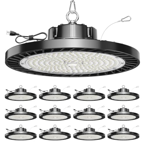 ONLYLUX 12 Pack UFO LED High Bay Light, 150W 5000K Daylight, 22500LM (Eqv. 800W MH/HPS), Commercial High Bay LED Shop Lights with US Plug for Garage Workshop Warehouse Barn, Plug&Play