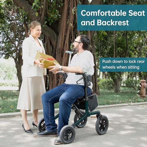 Image of ELENKER All-Terrain Rollator Walker with Non-Pneumatic Tire 12 inch Front Wheels, Compact Folding Design for Seniors, Green