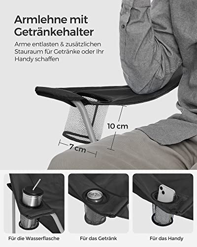 SONGMICS Campingstuhl Klappstuhl 2er Set Outdoor Stuhl mit Armlehne Getränkehalter Tragbar 120kg Kapazität für Camping Garten Angeln Strand Balkon Schwarz GCB01BK 5