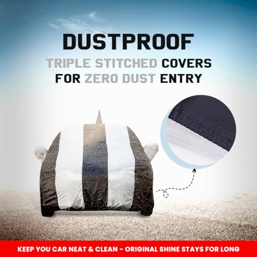 Image of Autofact Car Body Cover for Skoda Fabia with Mirror and Antenna Pocket (Light Weight, Triple Stitched, Heavy Buckle, Bottom Fully Elastic, White Stripes with Navy Blue Color)