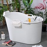 Inhalt: Badewanne Weiss, Ablage, Korb zum Einhängen für Seife und ähnliches, Ablaufschlauch mit Verbindungsteile, Gebrauchsanleitung.