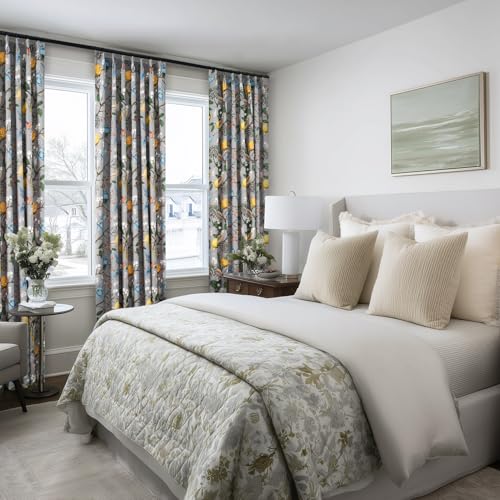 Image of 90 Inches Long Curtains 2 Panels for Living Room Bedroom Unique Elegant Colorful Floral Hummingbird Patterned Rustic Pinch Pleated Drapes for Classroom Room Office 40x90,Grey