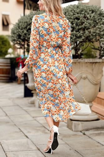Image of PRETTYGARDEN Women's Floral Boho Dress Fall Long Sleeve Wrap V Neck Ruffle Flowy Maxi Spring Wedding Guest Vacation Dresses