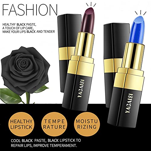 Yacaisi 2 Pcs Black Blue Color Changing Lipstick,Temperature Color Change Lip Gloss,Long Lasting Nutritious Lip Balm Lips Moisturizer Lipstick For Women,Black+Blue #TOP3