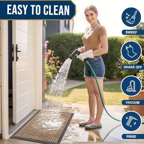 Image of Smiry Front Door Mat Outside Entrance, Heavy Duty Sturdy Natural Rubber Doormat, Trap Dirt and Moisture, Easy Clean Low Profile Mats for Indoor Outdoor Entry, Irregular Triangle (29.5x17, Light Brown)