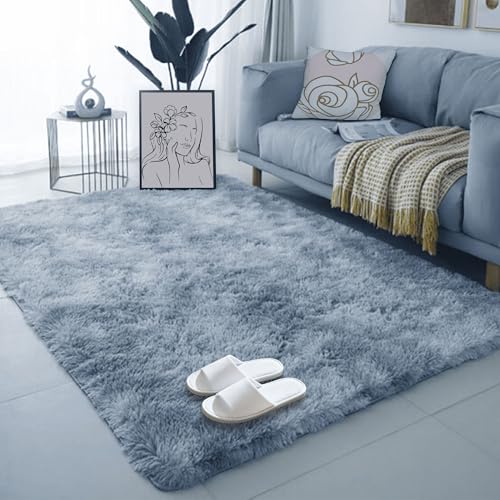 Tapis salon shaggy poil long doux grand format gris clair moderne