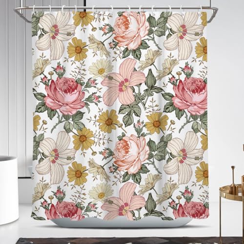 Coxila Pink Floral Shower Curtain Boho Vintage...