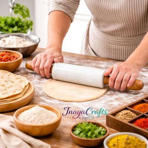Image of White Marble Rolling Pin with Wooden Handles, 14 Inch Dough Roller for Baking and Kitchen Use, Non Porous Surface Belan for Chapati, Roti, Pizza, Pastry and Dough Preparation