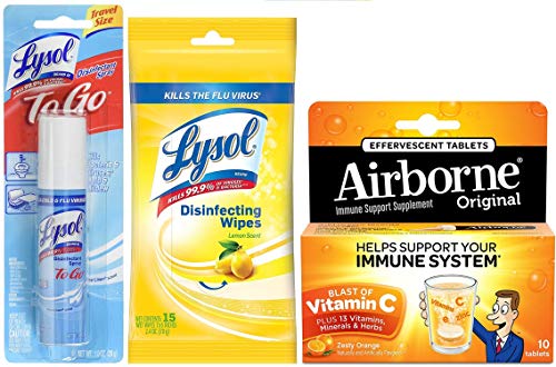 Lysol and Airborne On The Go Bundle - Airborne Orange Effervescent Tablets, 1000mg of Vitamin C 10ct, Lysol Disinfectant Spray 1 oz, Lysol Disinfecting Wipes Lemon & Lime Blossom 15 ct.