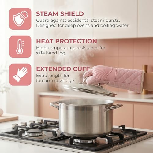 6-Piece Oven Mitts Set, Heat Resistant Gloves with Potholder for Baking Cooking, Pink Kitchen Gloves - Image 4
