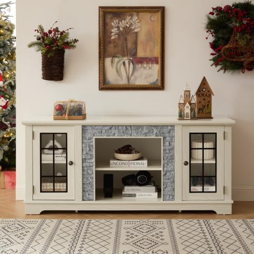XINONE 58" Modern TV Stand with Faux Stone Surround, 2-Door