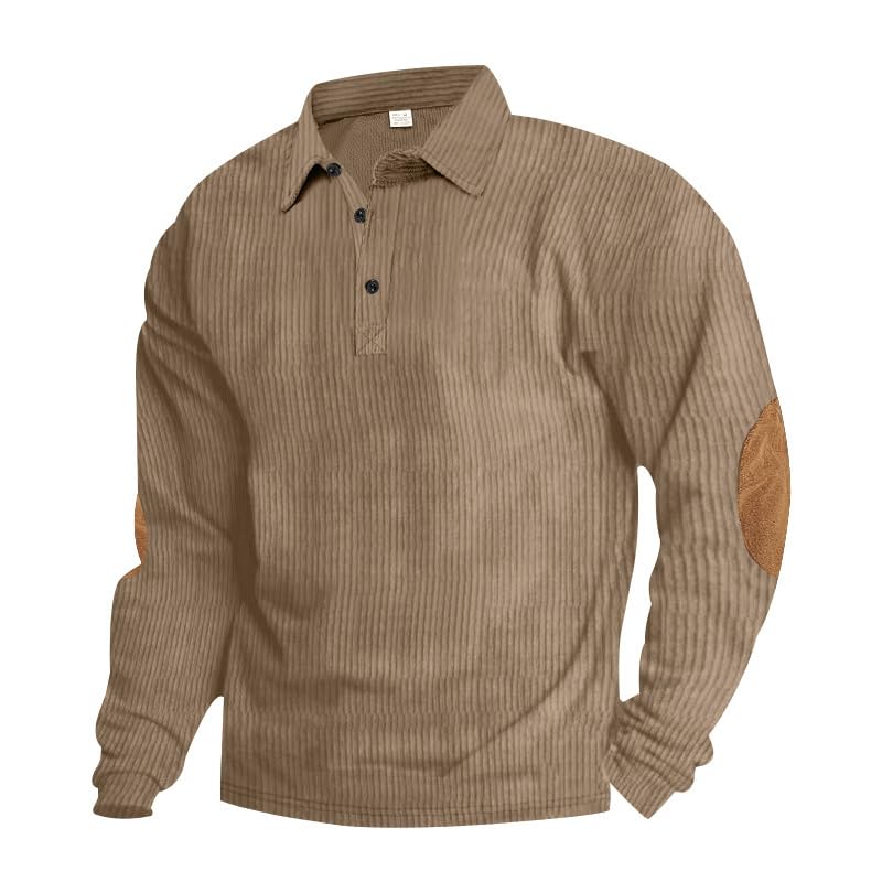 Men's Long Sleeve Sweatshirt Corduroy Spread Collar Elbow Panel Button Up Ribbed Pullover for Men