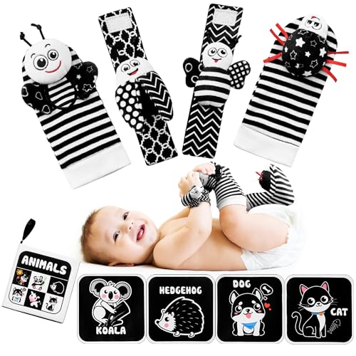 Image of High Contrast Baby Toys Infant Rattle Socks and Wristband Set, Tummy Time Sensery Toy Gifts for Newborn 0-12 Months, Montessori Black and White Toys for Boys and Girls As Baby Shower Gifts