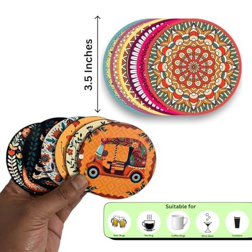 Image of Zesta Coasters for Cups Set of 6 / Wooden Coasters for Bar Accessories for Home /Tea Coaster Set of 6 / Waterproof Dining Table Decor Glass Cover (Mandala B, Circle)
