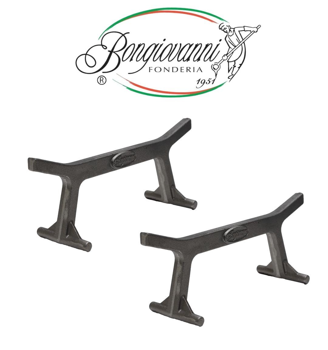FONDERIA BONGIOVANNI Coppia Alare Poggialegna Braciere w Ghisie Cavalletto Do Kamienia Modello Tondino