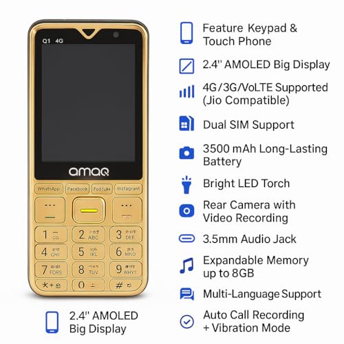 Image of Q1 4g Touch Screen Keypad Mobile|Volte-Supports|Dual SIM|2.8 inch Screen|3500 mAh Battery|Supports Whatsapp|Facebook|Instagram|You Tube|Video Calling|Super Touch|Black. (Gold)