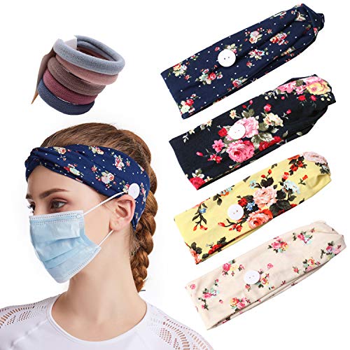 4 pcs Headbands Floral with Buttons for Masks, Criss Cross Head Wrap Hair Band Stretchy Headwraps Yoga Running Sports Hairband, with 5 Hair Ties