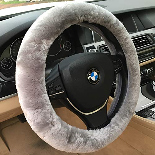 ANDALUS Car Steering Wheel Cover, Fluffy Pure Australia Sheepskin Wool, Universal 15 inch (Gray)