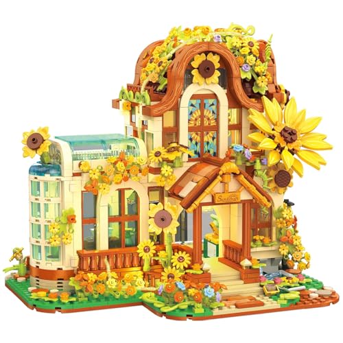 Sunflower House Building Set with LED Light, Flower Shop House Blocks Toy, Folwer Greenhouse Model Building Kit, Compatible with Lego House Sets, Hous