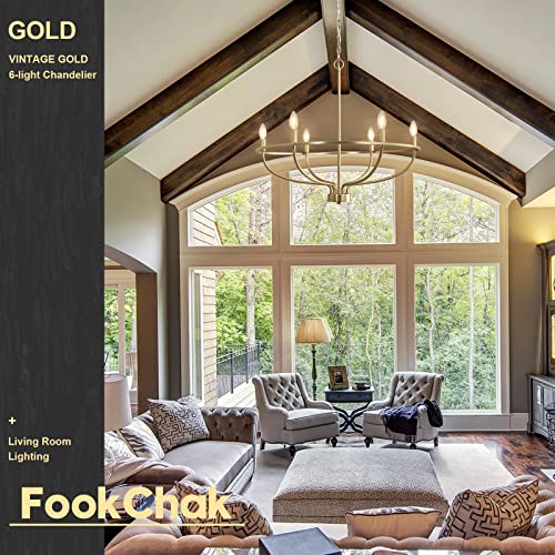 Fookchak 6-Light Gold Chandelier Vintage Candle Chandelier Dining Room Chandelier Over Table For Bedroom, Living Room,Kitchen,28.54In,E12 #TOP3