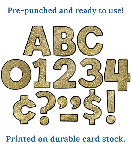 Image of Carson Dellosa 219 Piece 4 Inch Gold Glitter Bulletin Board Letters for Classroom, Alphabet Letters, Numbers, Punctuation & Symbols, Cut Out Letters for Bulletin Board