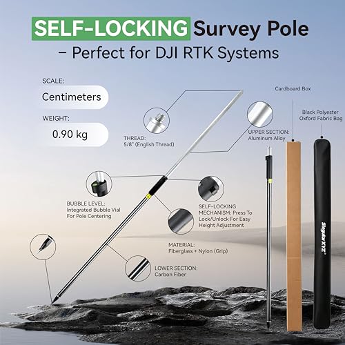 Self-Locking Survey Pole, Carbon Fiber & Aluminum Lightweight GPS Rover Pole, 5/8" Thread, Adjustable Height 125-200 cm (49-79"), Compatible with DJI, SingularXYZ & Most RTK Rover Systems by SingularXYZ - Image 2