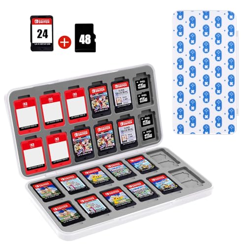 Image of FYY Nintendo Switch Game Case Holder for Switch 2 Cartridge Case with 24 Game Card Slots & 48 Micro SD Card Slots, Hard Shell, Silicone Lining White Gamepad Dot Pattern
