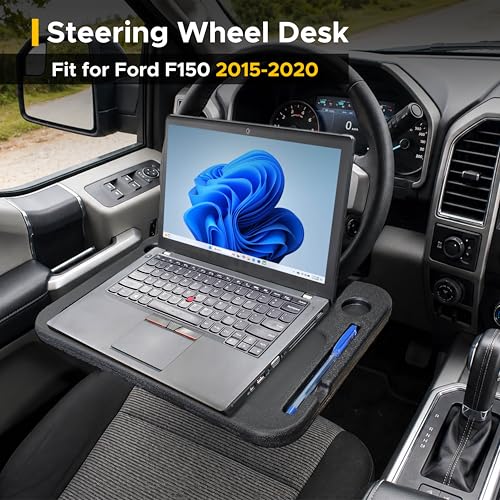Image of EcoNour Steering Wheel Desk for Ford F150 2015-2018 2019 2020 2-in-1 Car Tray Table Laptop Car Mount with Pen Holder Food Tray for Eating with Drinks Holder Multipurpose Travel Car Accessories