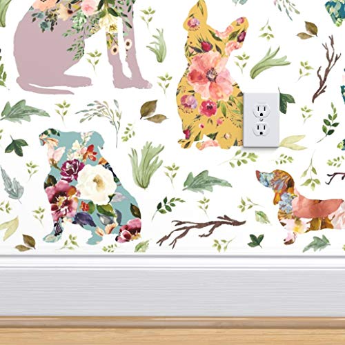 Spoonflower Peel & Stick Wallpaper 12Ft X 2Ft - Patchwork Dogs Blue Yellow Floral Animals Baby Girls Silhouette Custom Removable Wallpaper #TOP2