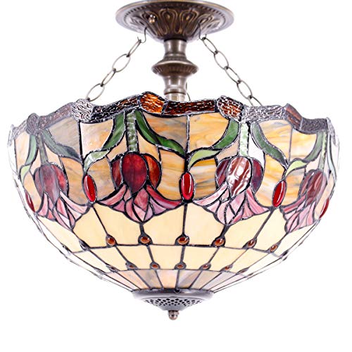 Werfactory Tiffany Ceiling Light Fixture Red Yellow Tulip Stained Glass Semi Flush Mount Lamp Wide 16 Inch Height 15 Inch Tiffany Ceiling Lamp S030 Series #TOP5