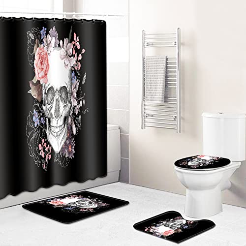 Duschvorhang Pfingstrose Schwarzer Schädel Badezimmerteppich 4-Teiliges Set, Duschvorhang 180x180 Polyester+Badematte…
