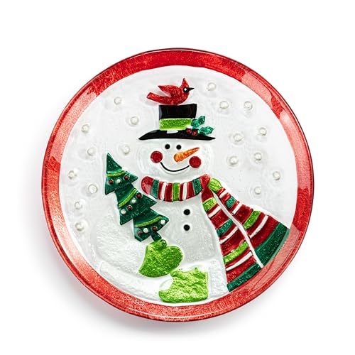 DEMDACO Glass Fusion Red, Green 6 Inch Diameter Holiday Entertaining, Christmas Tabletop Décor, Round, Appetizer, Mini Serving Dish Plate, Mr. Snowman