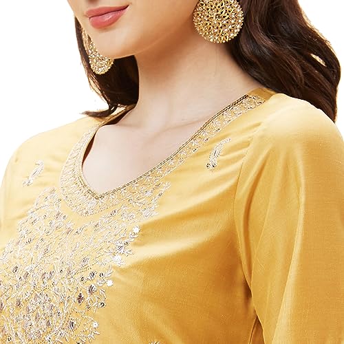 Image of Globus Women Red Embroidered V-Neck Yoke Gota Patti Flared Sleeves Festive A-Line Kurta Set with Trouser-3638464001