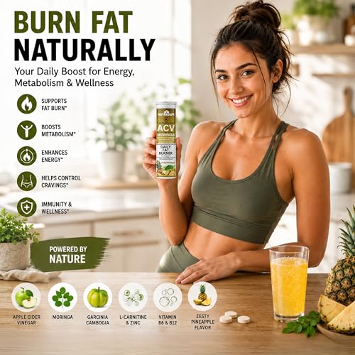 Image of Nutrasium ACV Moringa Metabolism Plus | Apple Cider Vinegar Effervescent Tablet | Added L-Carnitine & Garcinia Combogia Extract | For Supports Weight Loss, Control Cravings, Convert Fat Into Energy, Boost Energy & Immunity | 60 Tablets Pineapple