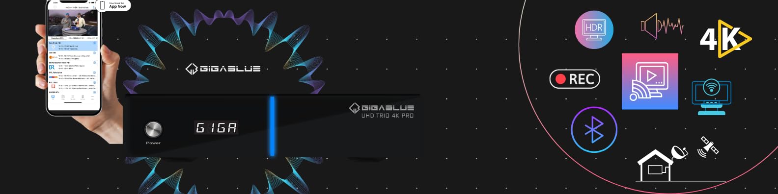 GigaBlue UHD Trio 4K PRO - Combo Tuner, W-LAN 1200Mbps, 1 sintonizador DVB-S2X, 1 sintonizador DVB-C/T2, color negro