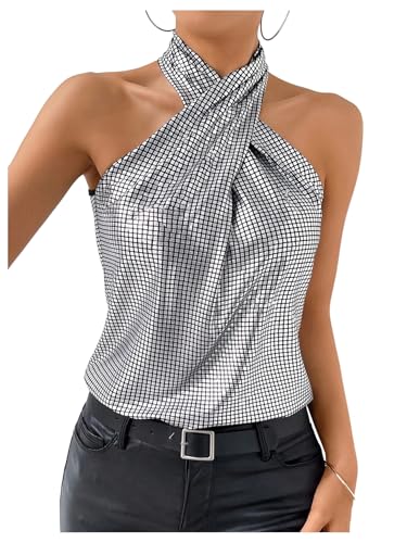 RoseSeek Womens Silver Sequin Sparkly Halter Tops Disco Outfits