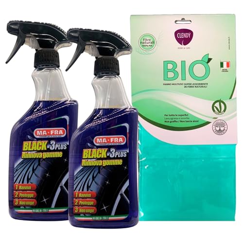 Set: Rinnova Gomme Spray Black 3 Plus, Rinnova, Lucida e Protegge Gli Pneumatici Auto da Raggi Solari e Agenti Atmosferici 500ml + Panno Multiuso BIO, Formato 30x30cm (2xSpray+PannoB)