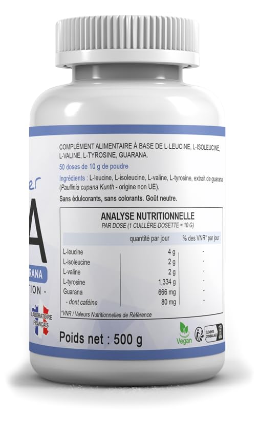 Super BCAA – Ratio 2:1:1 Végétal – Enrichi en L-Tyrosine et Guarana – 500g Poudre (50 Doses) – Vigilance, Concentration et Soutien à l'Effort – Fabriqué en France