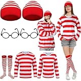 Hicarer 7 Pieces Halloween Cosplay Red and White Striped Shirt Adult Men Women's Halloween Costumes Sweatshirt Wizard Glasses Hat Sock Suits Youth Funny Sweatshirt Outfit Glasses Suits