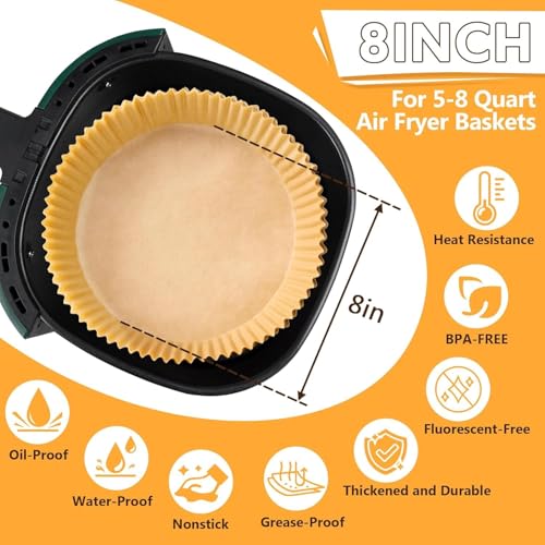 Image of Air Fryer Paper Sheets 8 Inch (100 Pcs) | Disposable Air Fryer Liners | Oil-Proof Non-Stick Parchment Paper for Air Fryer, Microwave & Baking | Heat Resistant, Easy to Use Cooking (Round)