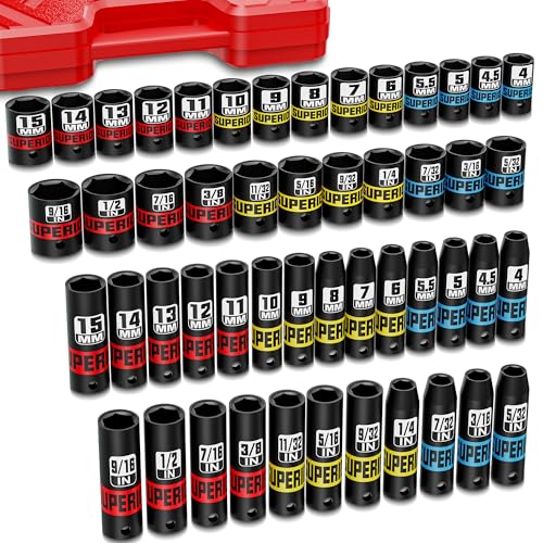 Image of 50 Piece 1 /4 inch Drive Impact Socket Set, SAE (5 /32 inch - 9 /16 inch) & Metric (4 mm - 15 mm), Deep and Shallow Sockets, Auto Repair Bicycle Maintenance and Furniture Assembly