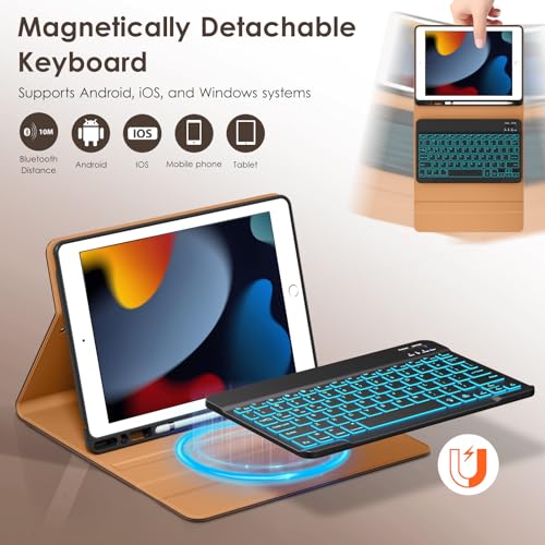 Image of DTTO for iPad 9th /8th /7th Generation 10.2 inch Case 2021 /2020 /2019 with Keyboard, 7 Colors Backlit Wireless Detachable Keyboard Premium Leather Folio Cover with Pencil Holder & Pocket, Dark Brown