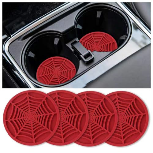 Image of 4PCS Silicone Car Coasters,Unique Spider Web Non-Slip Car Cup Holder Coaster Car Interior Accessories,Universal 2.75 Inch Car Drink Coaster for Women Men (Red)