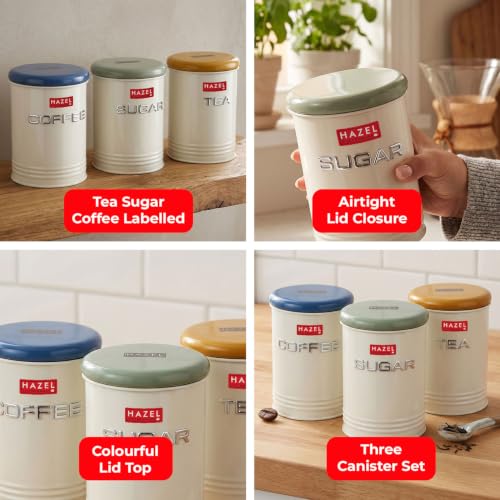 Image of HAZEL Tea Coffee Sugar Container Set of 3 with Airtight Lid for Kitchen Storage