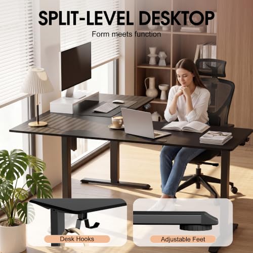 Image of Furmax 63 x 55 Inch L Shaped Standing Desk with 2 Preset Heights, Electric Height Adjustable Computer Table, 2 Hooks & Feet Balance, Corner Sit Stand Desk for Home Office (Black, 63 x 55 Inch)