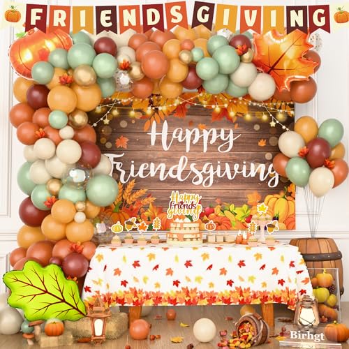 Friendsgiving Party Decorations Kit Fall Thanksgiving Party Supplies with Friends Pumpkin Autumn Fall Friendsgiving Backdrop Tablecloth Banner Toppers Maple Leaves for Friends Giving Decorations Set