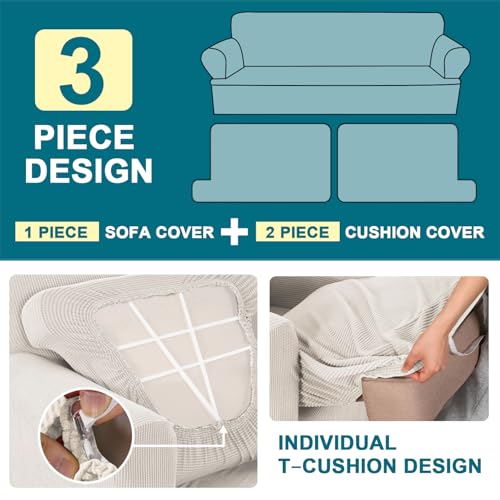 Turquoize 3 Piece T Cushion Sofa Slipcovers Stretch Couch Cover Furniture Covers with 2 Individual T Cushion Covers, Machine Washable (2 Cushion Sofa, Ivory) - Image 4